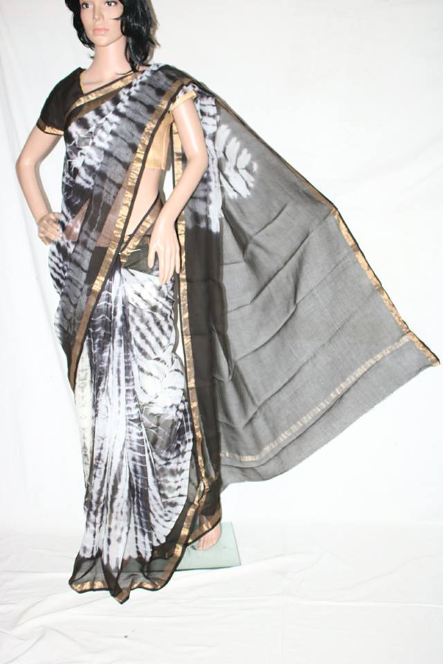 BLACK SHIBORI DYED COTTON KOTA SAREE.
