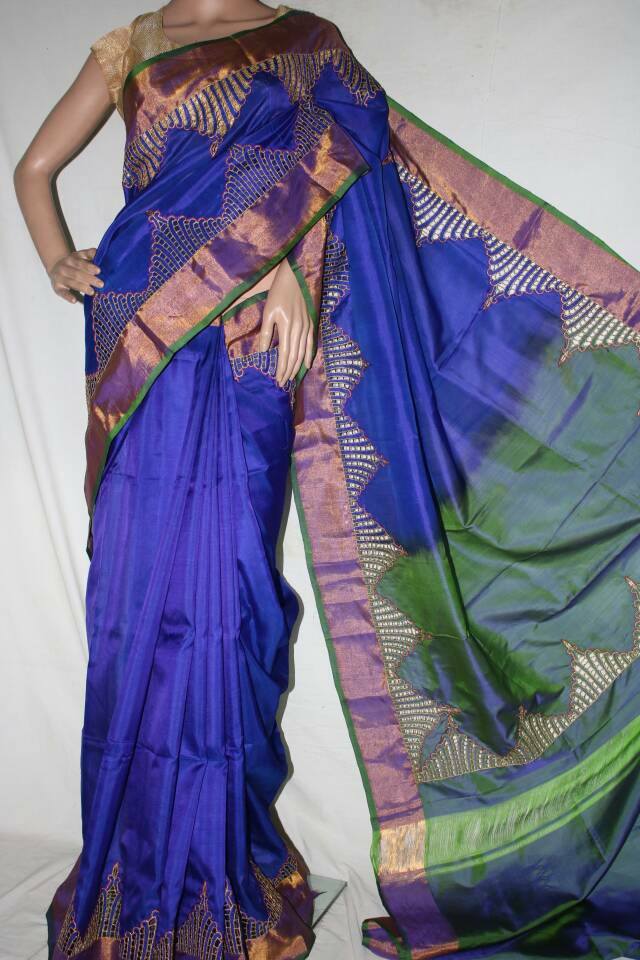 BLUE UPPADA PATTU SAREE WITH CUT WORK BORDER.