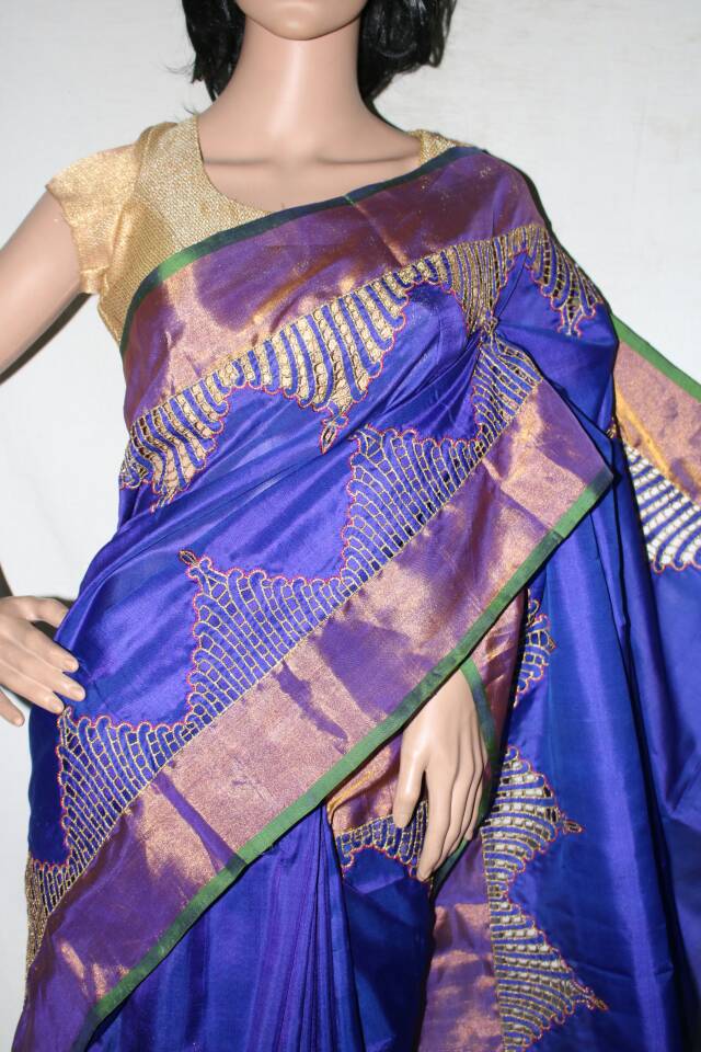 BLUE UPPADA PATTU SAREE WITH CUT WORK BORDER.
