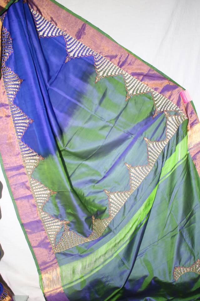 BLUE UPPADA PATTU SAREE WITH CUT WORK BORDER.