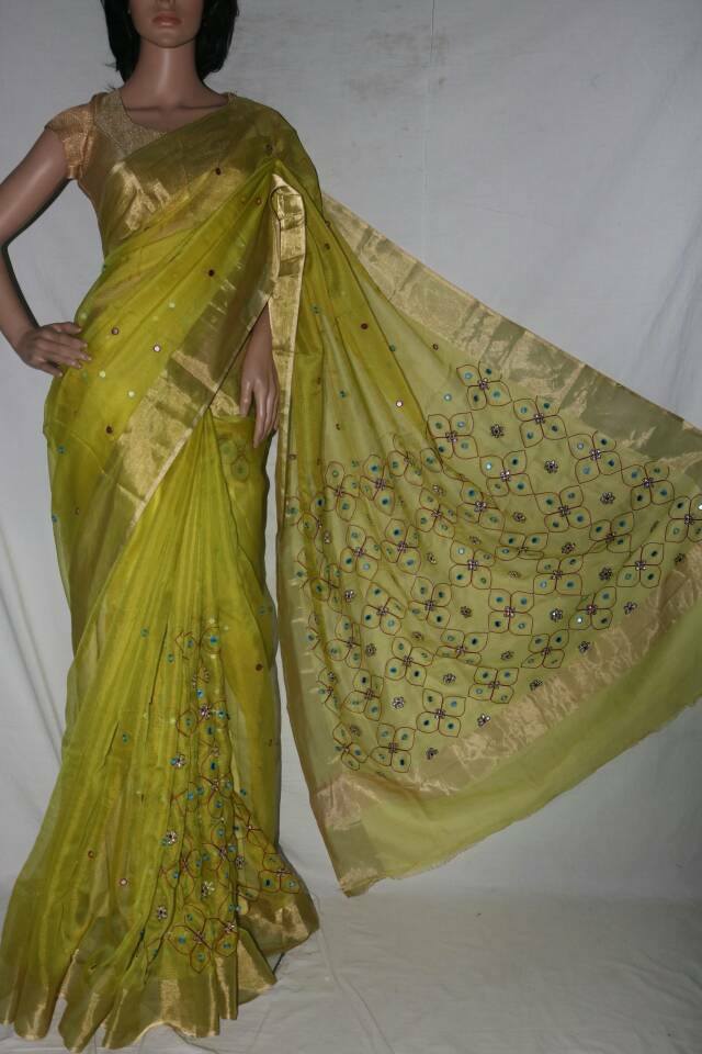 MAHENDI GREEN SILK KOTA SAREE WITH MOGGOM WORK.