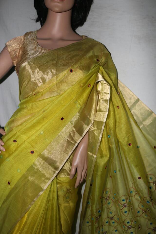 MAHENDI GREEN SILK KOTA SAREE WITH MOGGOM WORK.