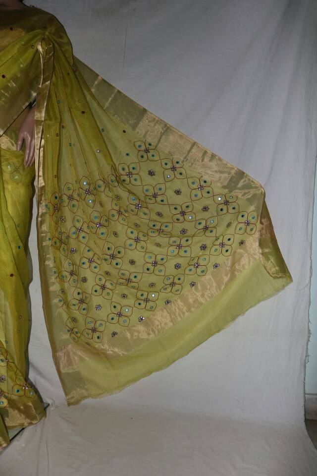 MAHENDI GREEN SILK KOTA SAREE WITH MOGGOM WORK.