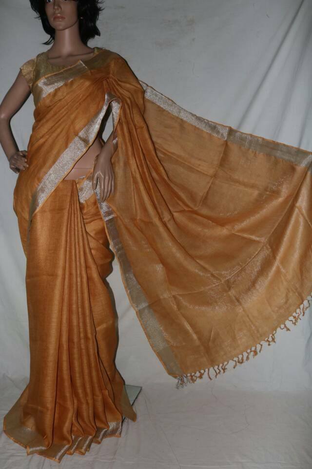 MUSTERED COLOR PURE LINEN SAREE. 