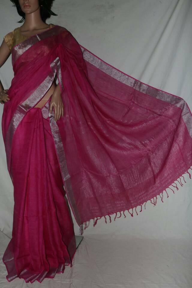 DARK PINK COLOR PURE LINEN SAREE
