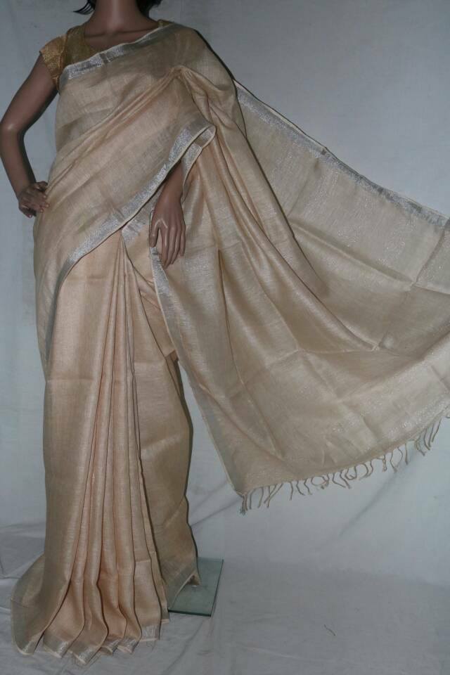 BEIGE COLOR PURE LINEN SAREE. 