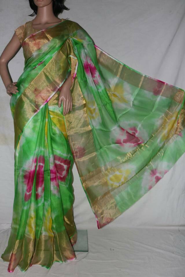 GREEN SHIBORI DYED SILK KOTA SAREE.