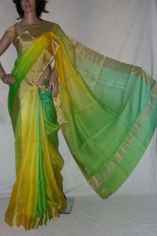 YELLOW & PINK SHADED SILK KOTA SAREE.