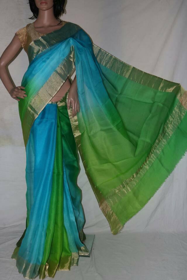 BLUE GREEN SHADED SILK KOTA SAREE.