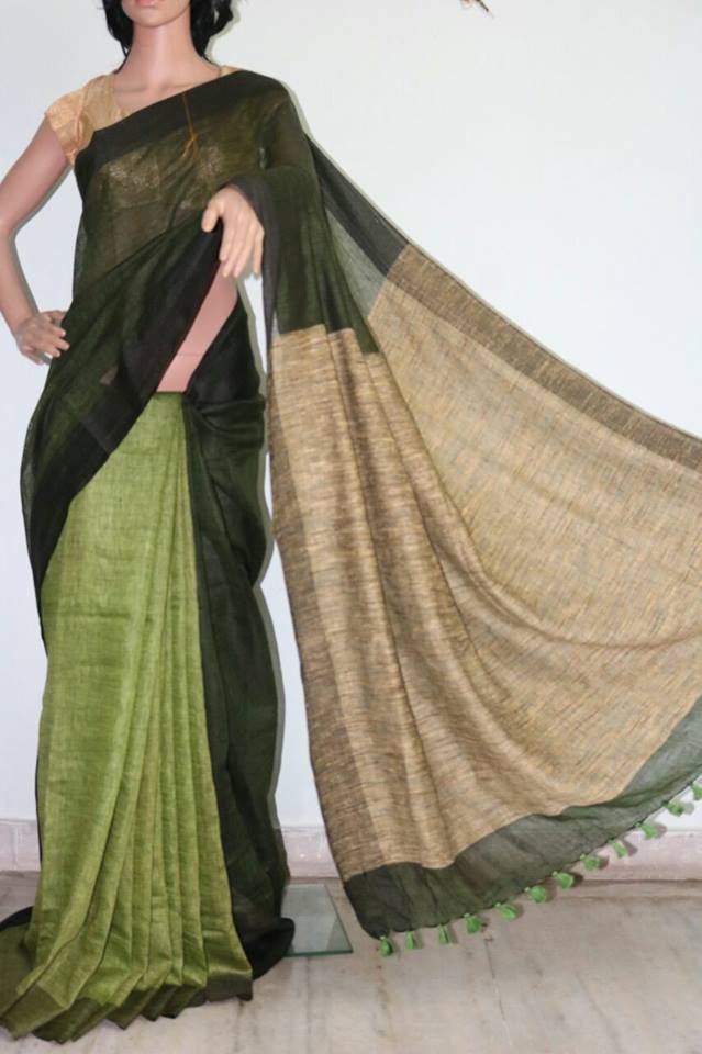 BOTTOL GREEN COLOR PURE LINEN SAREE.