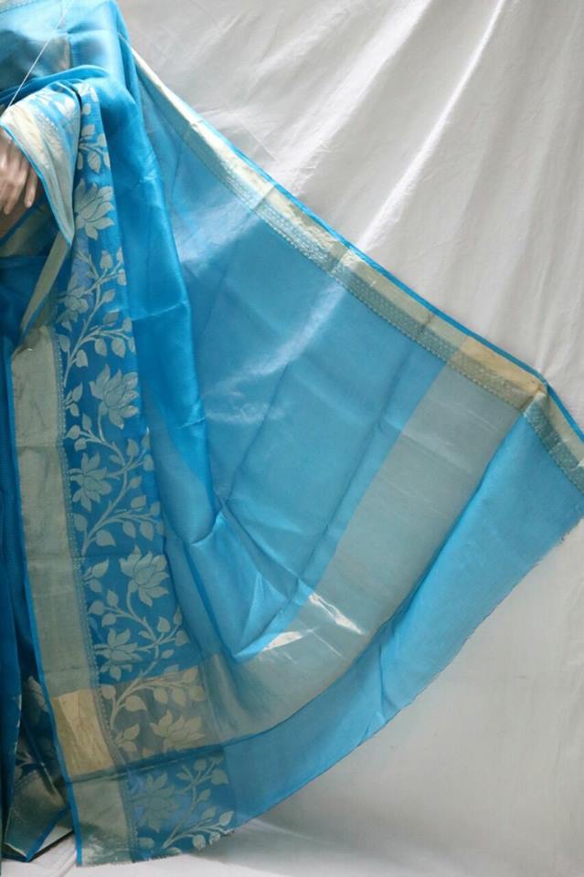 BLUE SHADED SILK KOTA SAREE WITH SELF WEAVED DESIGN.