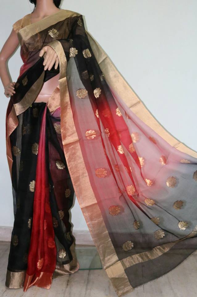 BLACK & RED SHADED WITH SELF WEAVED SILK KOTA SAREE.
