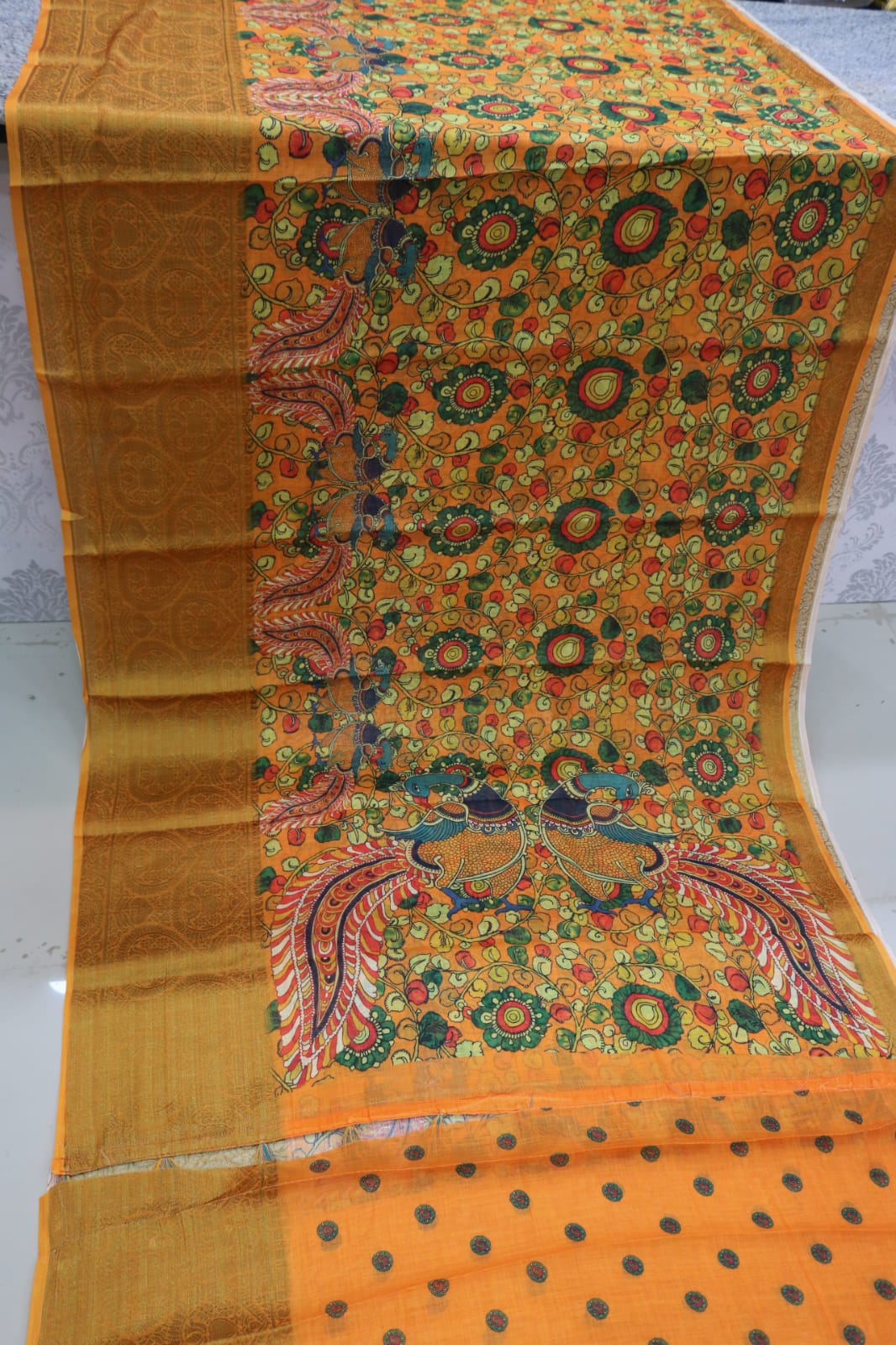 ORANGE COLOR LINEN WITH KALAMKARI PRINTED SAREES.