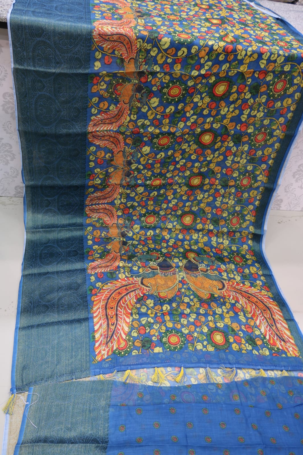 BLUE COLOR PURE LINEN SILK SAREE WITH DIGITAL PRINTED KALAMKARI.