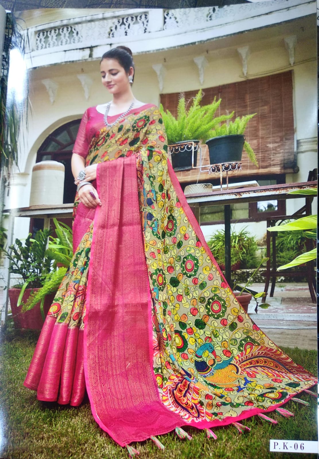 GOLD COLOR PURE LINEN SILK SAREE WITH DIGITAL PRINTED KALAMKARI.