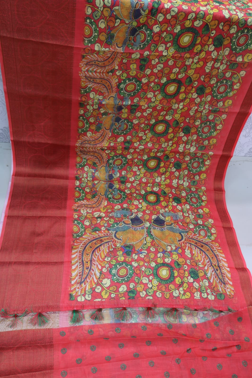 RED COLOR PURE LINEN SILK SAREE WITH DIGITAL PRINTED KALAMKARI.