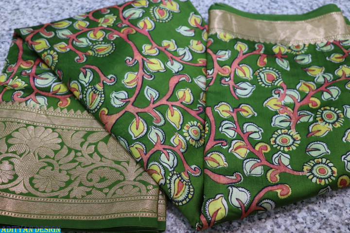 GREEN COLOR PURE SILK KALAMKARI SAREE.
