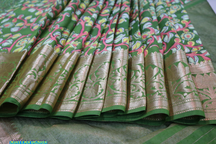 GREEN COLOR PURE SILK KALAMKARI SAREE.