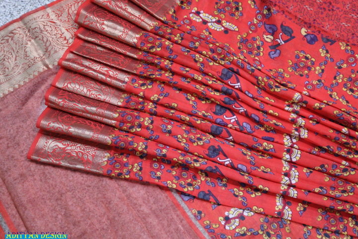 RED COLOR PURE SILK KALAMKARI SAREE.