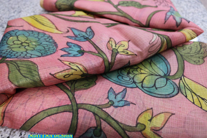 PEACH COLOR DOUBLE WEAVED SILK KOTA SAREE WITH PURE PEN KALAMKARI.