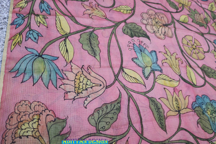 PEACH COLOR DOUBLE WEAVED SILK KOTA SAREE WITH PURE PEN KALAMKARI.