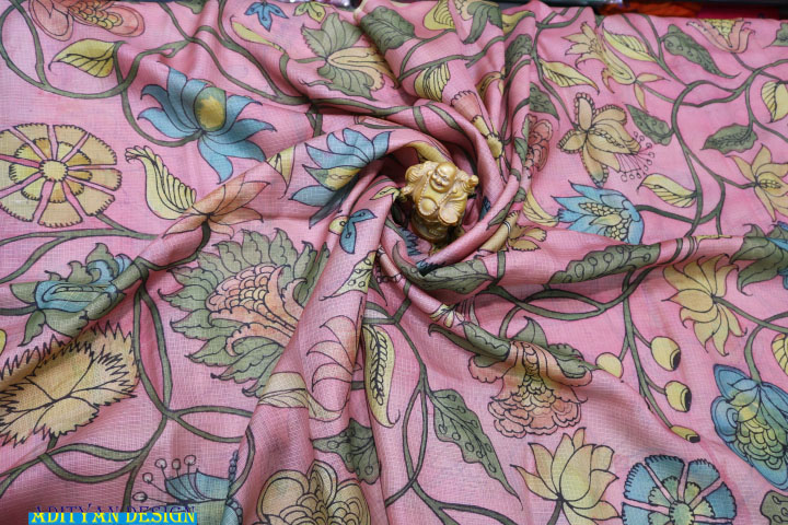 PEACH COLOR DOUBLE WEAVED SILK KOTA SAREE WITH PURE PEN KALAMKARI.