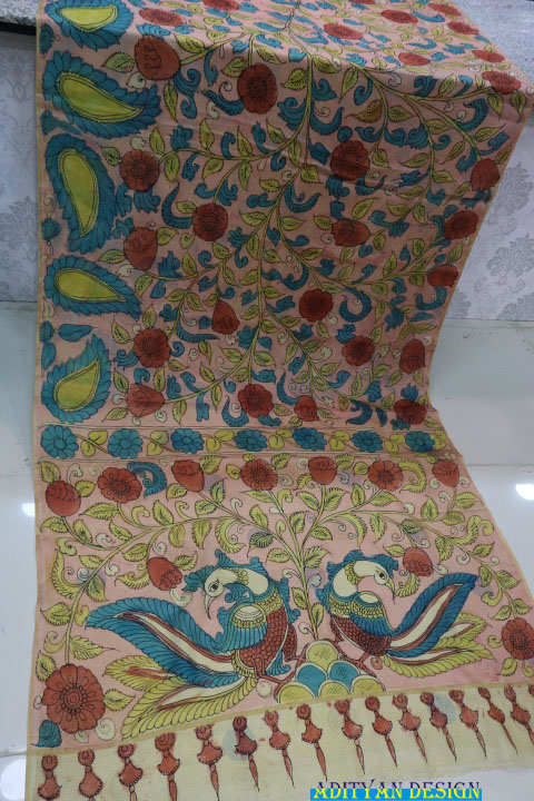 LIGHT PEACH COLOR DOUBLE WEAVED SILK KOTA SAREE WITH PURE PEN KALAMKARI.