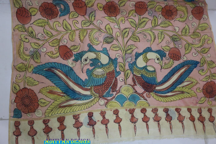 LIGHT PEACH COLOR DOUBLE WEAVED SILK KOTA SAREE WITH PURE PEN KALAMKARI.