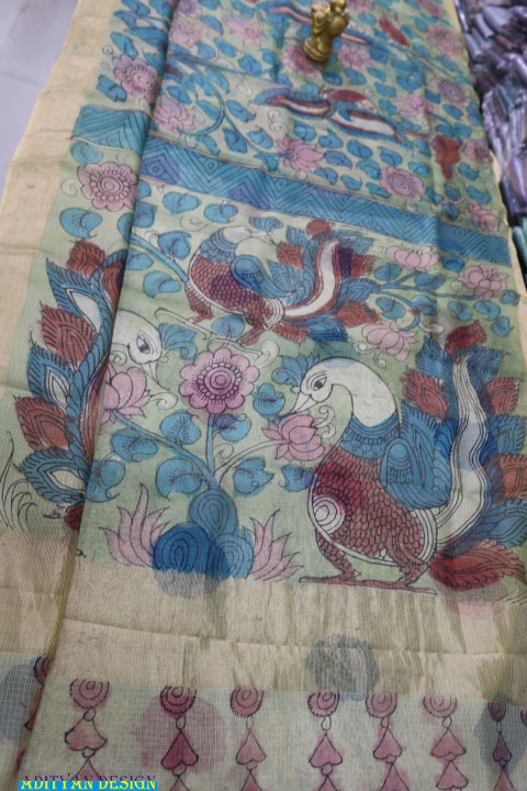 PURE SILK KOTA SAREE WITH PEN KALAMKARI WORK.