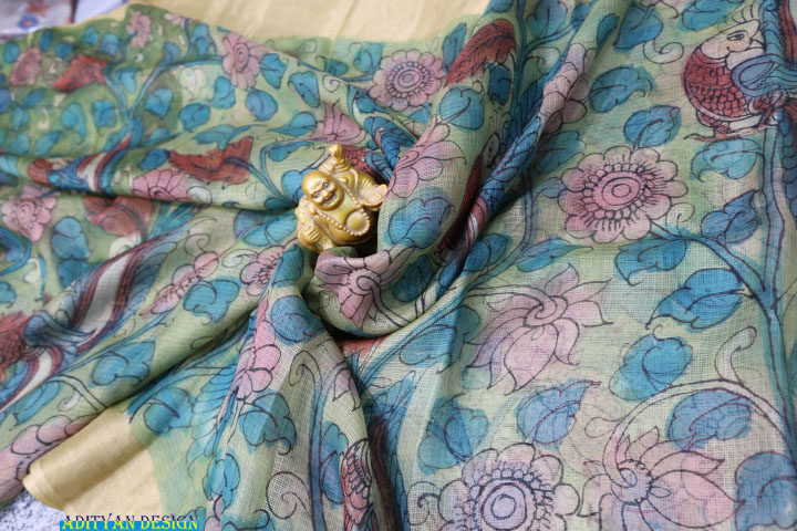 PURE SILK KOTA SAREE WITH PEN KALAMKARI WORK.