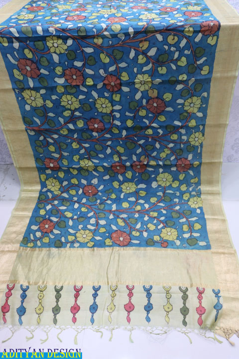 BLUE COLOR HANDLOOM CHANDERI SAREE WITH PEN KALAMKARI WORK.