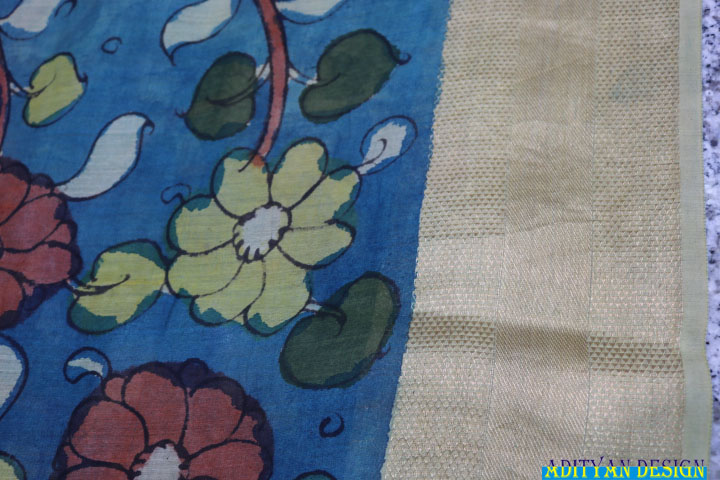 BLUE COLOR HANDLOOM CHANDERI SAREE WITH PEN KALAMKARI WORK.