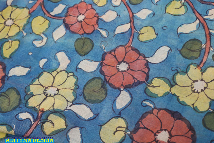 BLUE COLOR HANDLOOM CHANDERI SAREE WITH PEN KALAMKARI WORK.