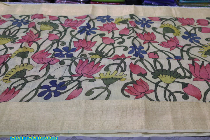  PURE CHANDERI SAREE WITH PEN KALAMKARI WORK.