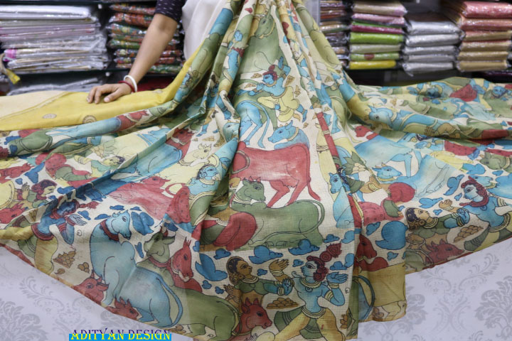 TUSSAR COLOR PURE SILK KOTA WITH PEN KALAMAKRI SAREE.