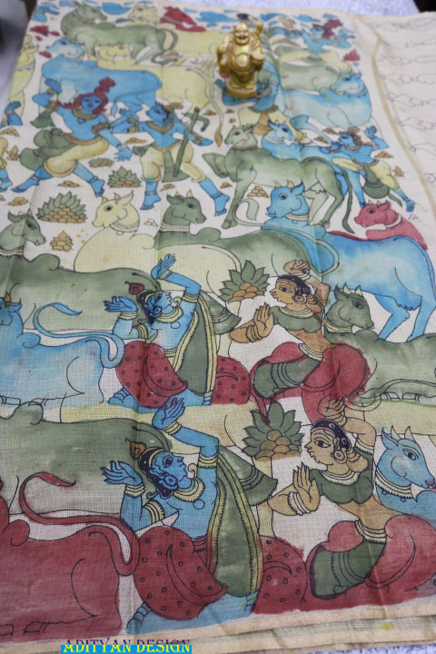 TUSSAR COLOR PURE SILK KOTA WITH PEN KALAMAKRI SAREE.