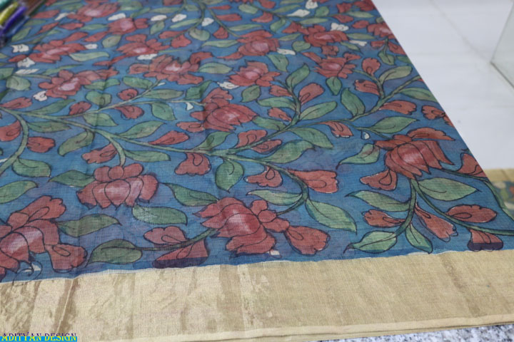 BLUE COLOR SILK KOTA WITH PEN KALAMKARI WORK.