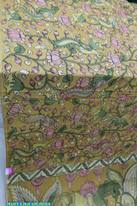MUSTERED YELLOW COLOR PURE SILK KOTA WITH PEN KALAMAKRI WORK.