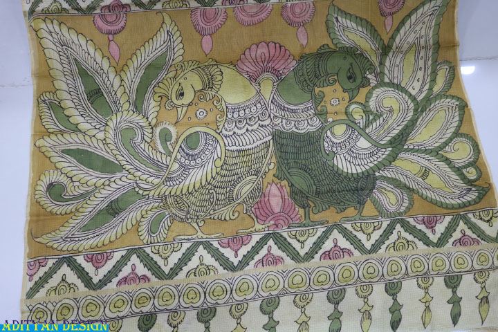 MUSTERED YELLOW COLOR PURE SILK KOTA WITH PEN KALAMAKRI WORK.