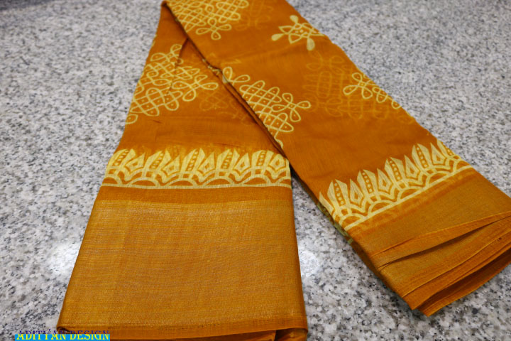 MUSTERED YELLOW COLOR LINEN COTTON PRINTED SAREE. 