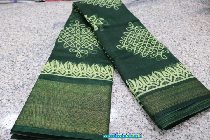 GREEN COLOR LINEN COTTON PRINTED SAREE.