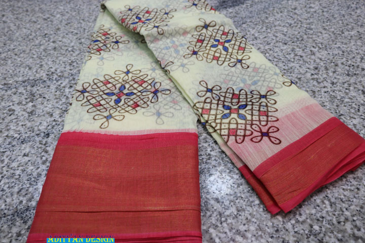PITCH COLOR COTTON PRINTED SAREE.