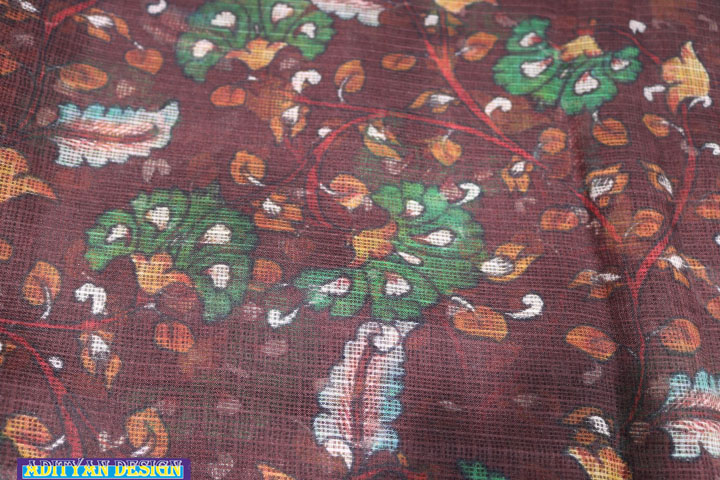 CHOCOLATE COLOR SILK KOTA SAREE WITH  KALAMKARI WORK.
