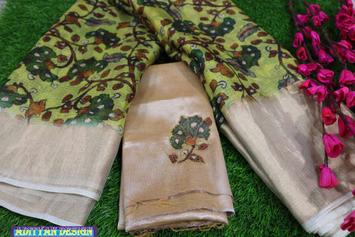 GREEN  COLOR SILK KOTA SAREE WITH  KALAMKARI WORK.