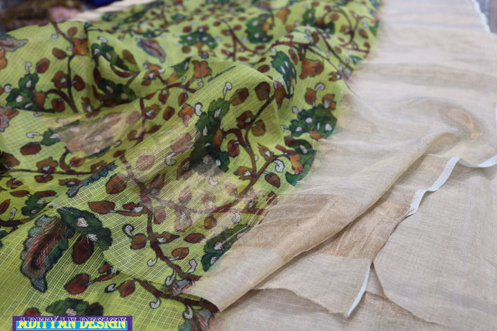 GREEN  COLOR SILK KOTA SAREE WITH  KALAMKARI WORK.