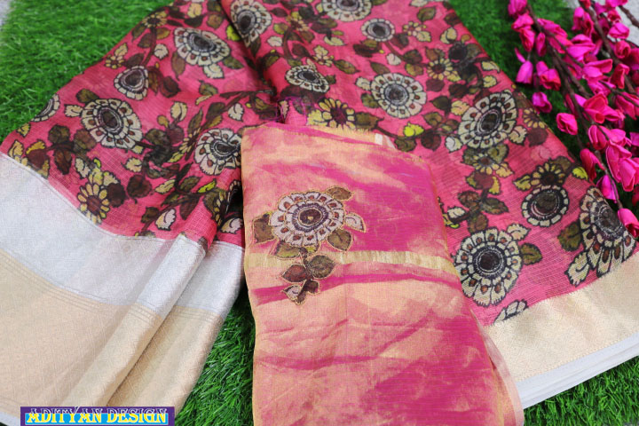 PINK  COLOR SILK KOTA SAREE WITH  KALAMKARI WORK.