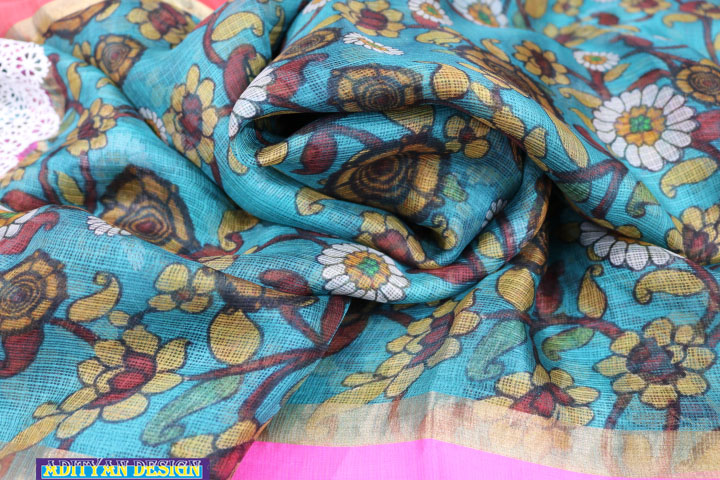 SKY BLUE  COLOR SILK KOTA SAREE WITH  KALAMKARI WORK.