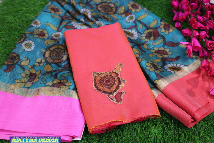 SKY BLUE  COLOR SILK KOTA SAREE WITH  KALAMKARI WORK.