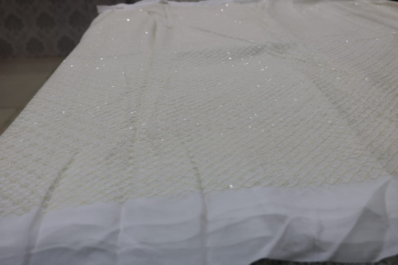 GEORGATTE DYEBLE RUNNING MATERIAL.   USE FOR LONG FROCK ,FROCK,CHUNNI,DUPATTA,BLOUSE,GROWN,SAREE,TOP, ETC.... Quantity 1 = 1mtr, Quantity 2= 2mtr..... Colors: WHITE. Width: 45 INCH No Return / No Exchange on fabrics Per mtr weight 150 gm approx.