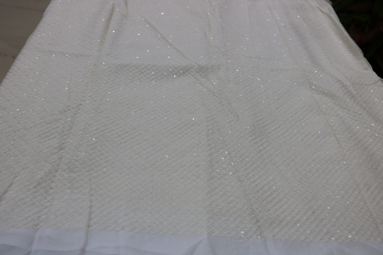 GEORGATTE DYEBLE RUNNING MATERIAL.   USE FOR LONG FROCK ,FROCK,CHUNNI,DUPATTA,BLOUSE,GROWN,SAREE,TOP, ETC.... Quantity 1 = 1mtr, Quantity 2= 2mtr..... Colors: WHITE. Width: 45 INCH No Return / No Exchange on fabrics Per mtr weight 150 gm approx.